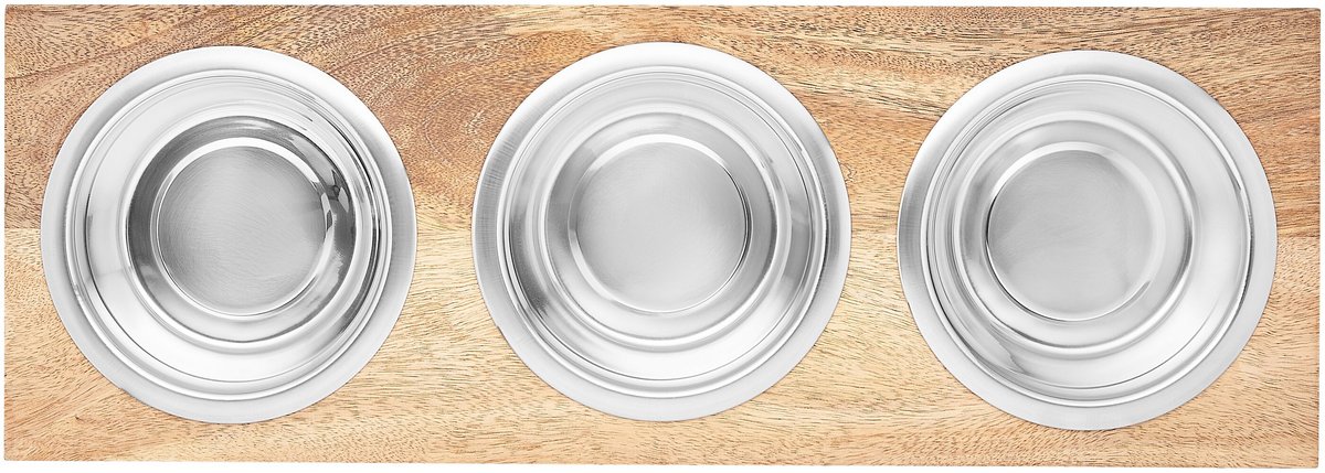 Frisco Dark Wooden Triple Elevated Stainless Steel Dog & Cat Bowl