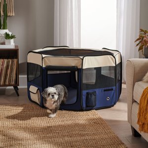 Frisco Soft-Sided Dog, Cat & Small Pet Exercise Playpen, Cream/Navy, 45-in L x 45-in W x 24-in H