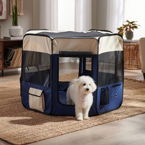 Frisco Soft-Sided Dog, Cat & Small Pet Exercise Playpen, Cream/Navy, 48-in L x 48-in W x 32-in H