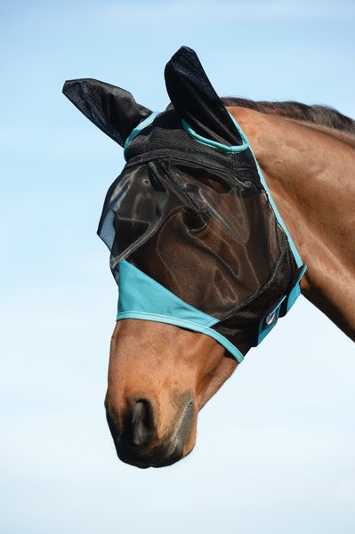 WeatherBeeta Comfitec Fine Mesh Horse Mask with Ears, Black/Turquoise, Pony slide 1 of 2