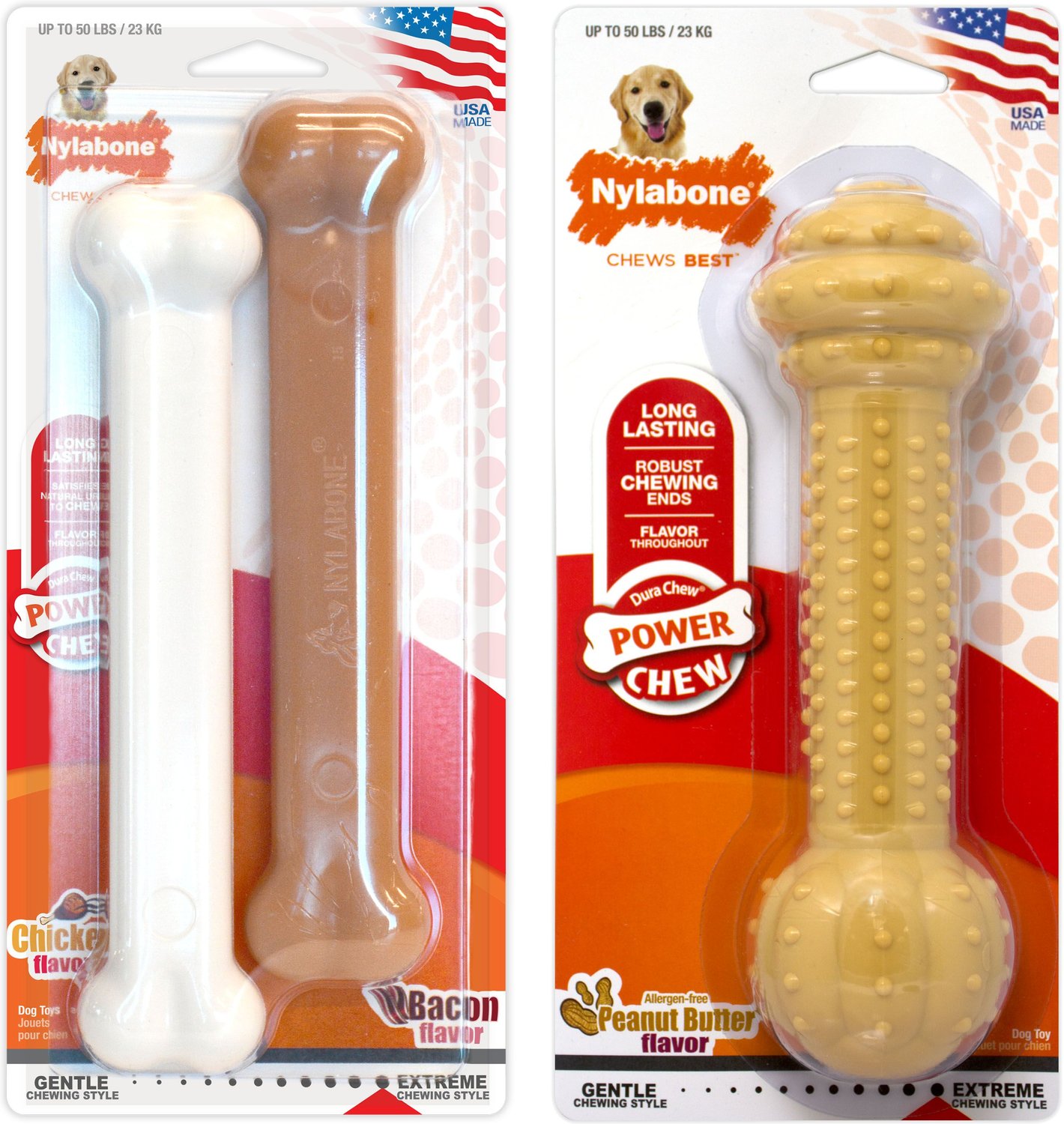 NYLABONE Power Chew Nylon Dog Bones Bundle Chicken, Bacon & Peanut ...