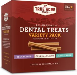 True Acre Foods All-Natural Dental Chew Sticks Variety Pack, Original, Beef, & Mint Flavor Dog Dental Treats, 51 count