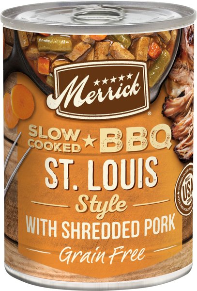 Merrick Grain-Free Slow-Cooked BBQ St. Louis Style with Shredded Pork Wet Dog Food, 12.7-oz can, case of 12 slide 1 of 8