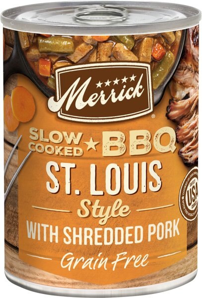 Merrick Grain Free Slow Cooked BBQ St. Louis Style with Shredded Pork Wet Dog Food 12.7 oz can case of 12