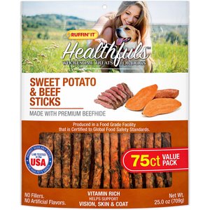 RUFFIN' IT Healthfuls Sweet Potato & Beef Sticks Dog Treats, 75 count