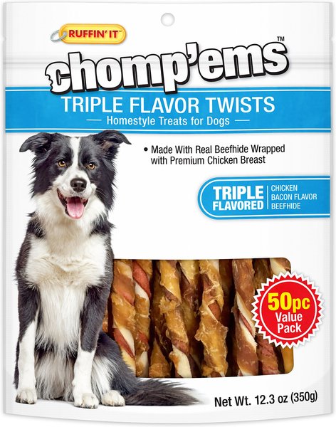 RUFFIN' IT Chomp'ems Triple Flavor Twists Chicken, Bacon & Beefhide Dog Treats, 50 count slide 1 of 3