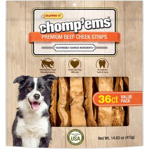 RUFFIN' IT Chomp'ems Premium Beef Cheek Strips Value Pack Dog Treats, 36 count