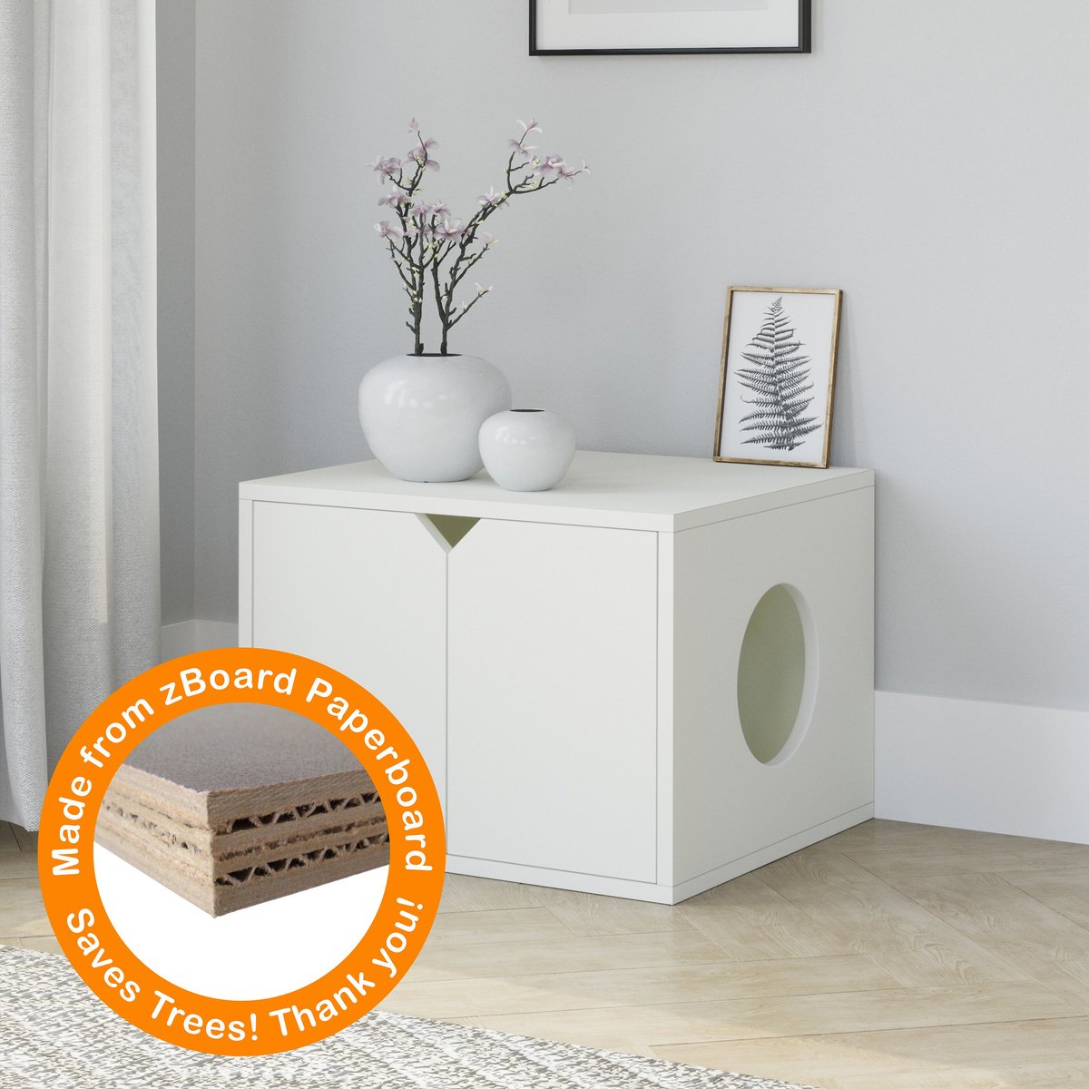 WAY BASICS zBoard Paperboard Side Panel Enclosed Cat Litter Box, White