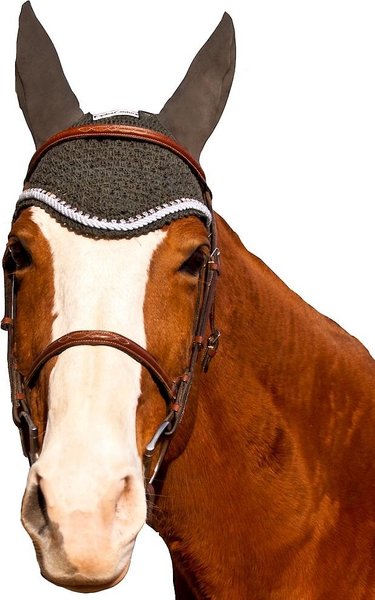 Equine Couture Horse Fly Bonnet With Silver Rope & Crystals, Dark Charcoal, Cob slide 1 of 2