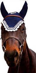 Equine Couture Horse Fly Bonnet with Silver Lurex, EC Navy/White, Cob