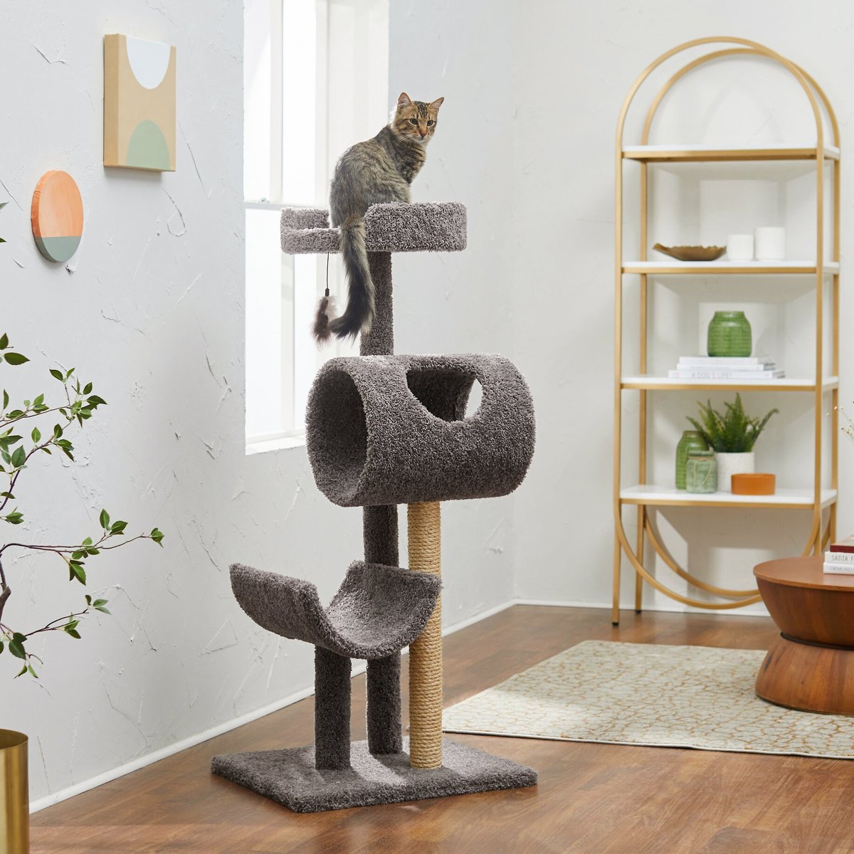 FRISCO 53in Real Carpet Cat Tree with Tunnel, Gray