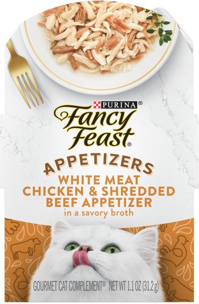 Fancy Feast Appetizers Grain-Free White Meat Chicken & Shredded Beef Appetizer in Savory Broth Wet Cat Food, 1.1-oz tray, case of 10 slide 1 of 9