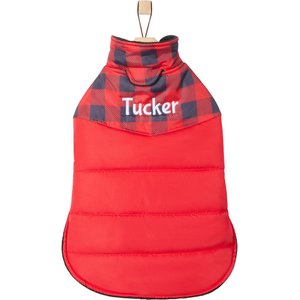 Frisco Personalized Boulder Plaid Insulated Dog & Cat Puffer Coat, Red, X-Small