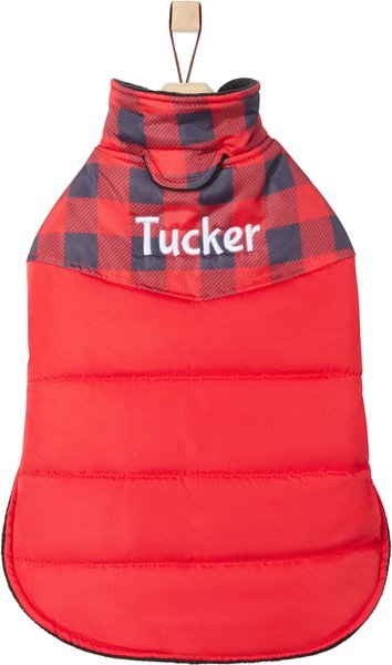 Frisco Personalized Boulder Plaid Insulated Dog & Cat Puffer Coat, Red, X-Large slide 1 of 8