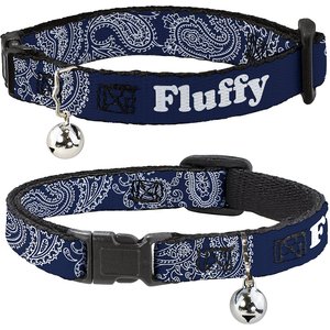 Buckle-Down Personalized Breakaway Cat Collar with Bell, Paisley Blue & White