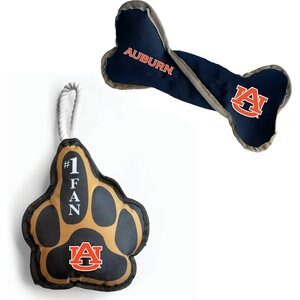 Littlearth NCAA Licensed Super Fan Plush & Squeaky Tug Bone Dog Toys, Auburn Tigers