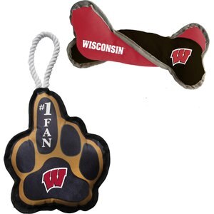 Littlearth NCAA Licensed Super Fan Plush & Squeaky Tug Bone Dog Toys, Wisconsin Badgers