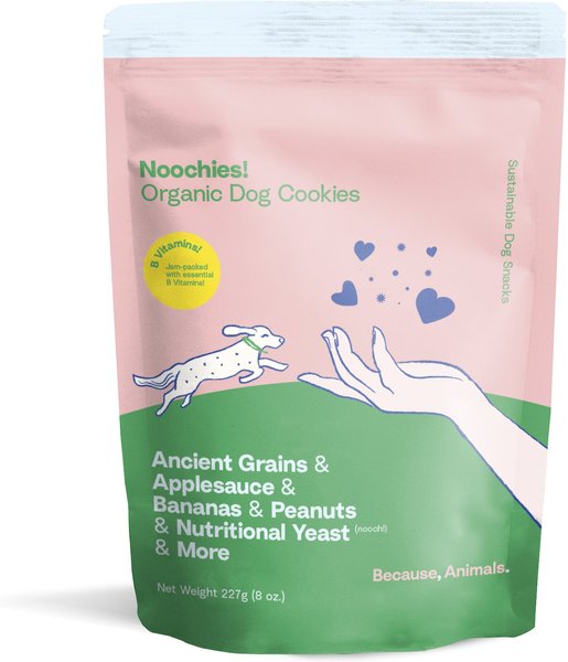 Because Animals Noochies! Organic Dog Cookies Ancient Grains, Applesauce, Bananas, Peanuts & Nutritional Yeast Dog Treats, 8-oz bag slide 1 of 6