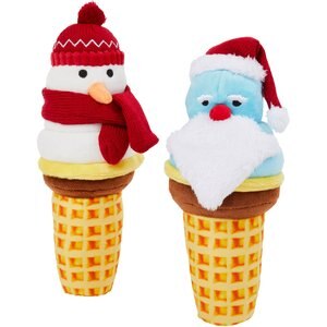 Frisco Holiday Santa & Snowman Ice Cream Cones Plush Squeaky Dog Toy, 2 count