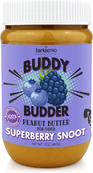 Bark Bistro Company Buddy Budder Superberry Snoot Peanut Butter Lickable Dog Treat, 17-oz jar slide 1 of 5