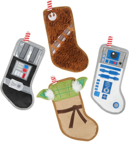 STAR WARS Holiday DARTH VADER, YODA, CHEWBACCA & R2-D2 Stockings Flat Plush Squeaky Dog Toy, 4 count slide 1 of 3