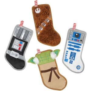 STAR WARS Holiday DARTH VADER, YODA, CHEWBACCA & R2-D2 Stockings Flat Plush Squeaky Dog Toy, 4 count