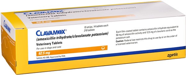 Clavamox (Amoxicillin / Clavulanate Potassium) Chewable Tablets for Dogs & Cats, 62.5-mg, 30 tablets slide 1 of 3