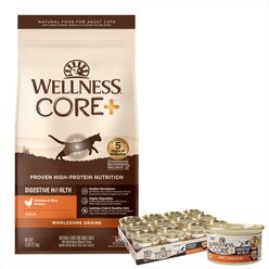 Wellness CORE Digestive Health Chicken Pate Recipe Grain-Free Wet Cat Food, 3-oz, case of 12 & Wellness CORE Digestive Health Wholesome Grains Chicken & Rice Recipe Dry Cat Food, 5-lb bag slide 1 of 7