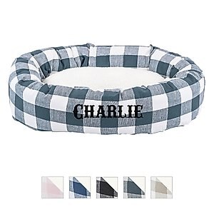 Majestic Pet Anderson Check Sherpa Personalized Bagel Cat & Dog Bed, Gunmetal Blue, Large