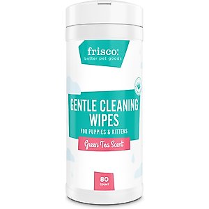 Frisco Gentle Cleaning Waterless Grooming Wipes for Puppies & Kittens, Green Tea Scent, 80 count