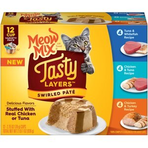 Meow Mix Tasty Layers Variety Pack Swirled Paté Cat Food, 2.75-oz can, case of 12