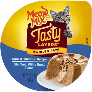 Meow Mix Tasty Layers Tuna & Whitefish Recipe Stuffed with Real Tuna Swirled Paté Cat Food, 2.75-oz can, case of 12