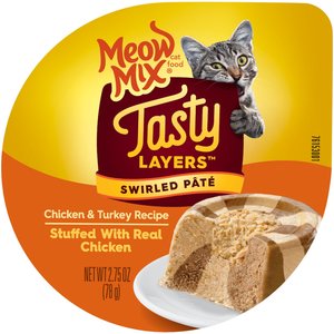 Meow Mix Tasty Layers Chicken & Turkey Recipe Stuffed with Real Chicken Swirled Paté Cat Food, 2.75-oz can, case of 12
