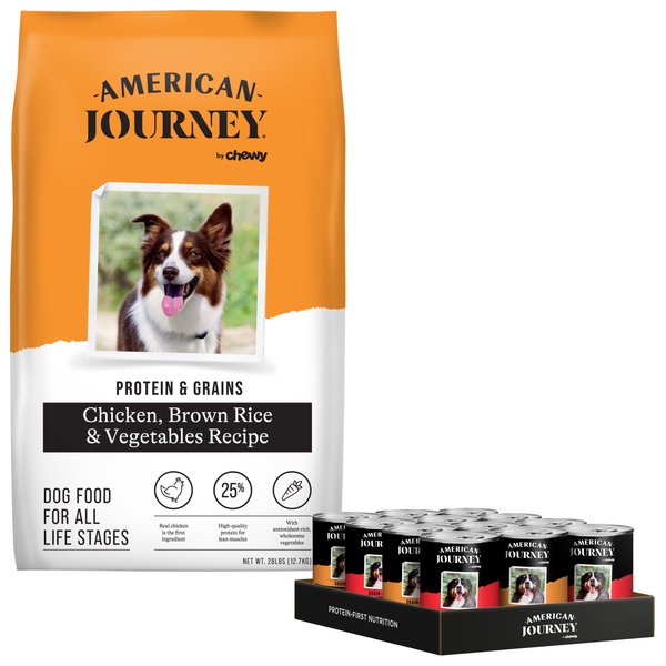 American Journey Protein & Grains Chicken, Brown Rice & Vegetables Recipe Dry Food + Stews Poultry & Beef Grain-Free Canned Dog Food slide 1 of 7