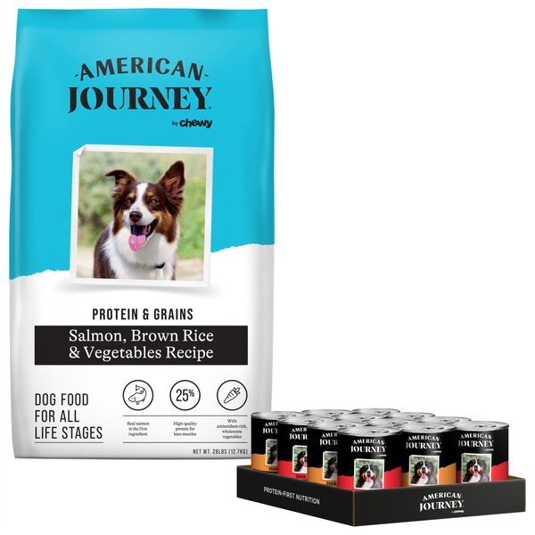 American Journey Protein & Grains Salmon, Brown Rice & Vegetables Recipe Dry Food + Stews Poultry & Beef Grain-Free Canned Dog Food slide 1 of 7