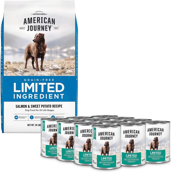 Bundle: American Journey Limited Ingredient Salmon & Sweet Potato Recipe Dry Food + Limited Ingredient Diet Lamb & Sweet Potato Recipe Canned Dog Food slide 1 of 7