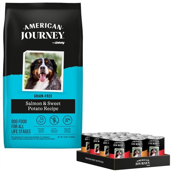 American Journey Salmon & Sweet Potato Recipe Grain-Free Dry Food, 24-lb bag + Stews Poultry & Beef Grain-Free Canned Dog Food slide 1 of 7