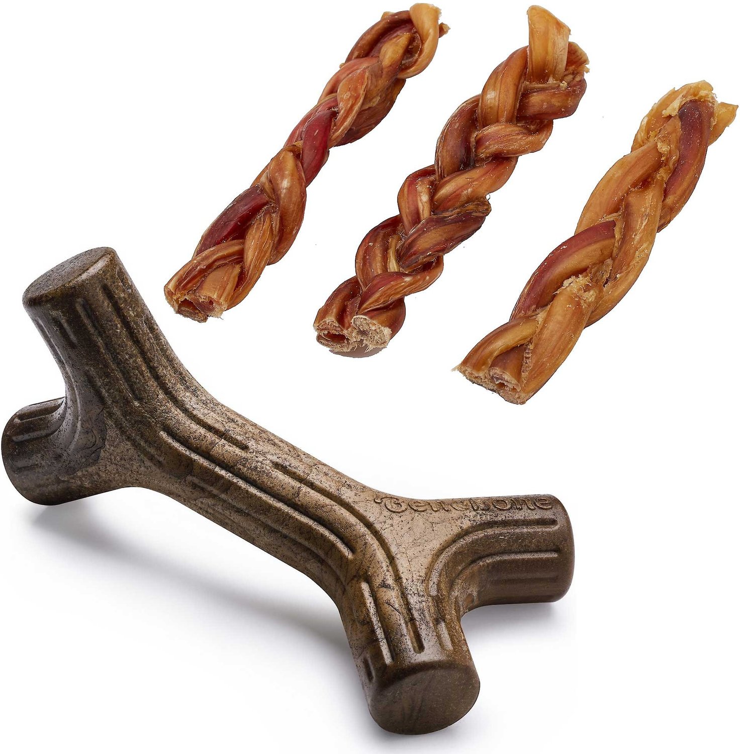 Benebone Maplestick Tough Chew Toy + Bones & Chews Braided Bully Stick