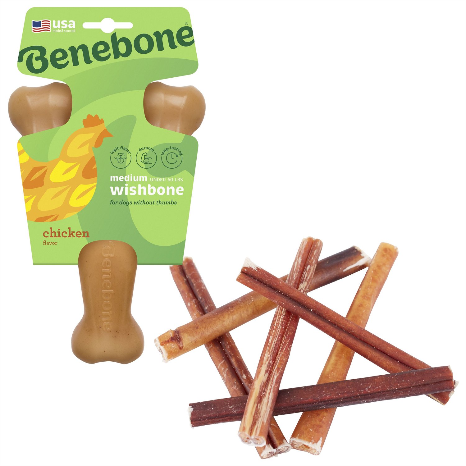 Benebone Rotisserie Chicken Flavor Wishbone Tough Chew Toy + Bones