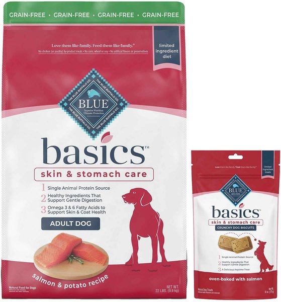 Blue Buffalo Basics Skin & Stomach Care Grain-Free Formula Salmon & Potato Recipe Adult Dry Food + Biscuits Salmon & Potato Dog Treats slide 1 of 7