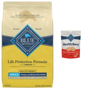 Blue Buffalo Life Protection Formula Healthy Weight Adult Chicken & Brown Rice Recipe Dry Food + Health Bars Baked with Bacon, Egg & Cheese Dog Treats