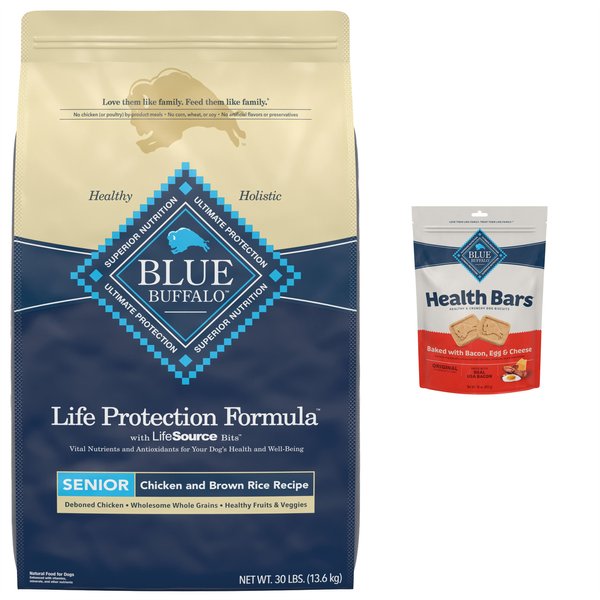 Blue Buffalo Life Protection Formula Senior Chicken & Brown Rice Recipe Dry Food + Health Bars Baked with Bacon, Egg & Cheese Dog Treats slide 1 of 7