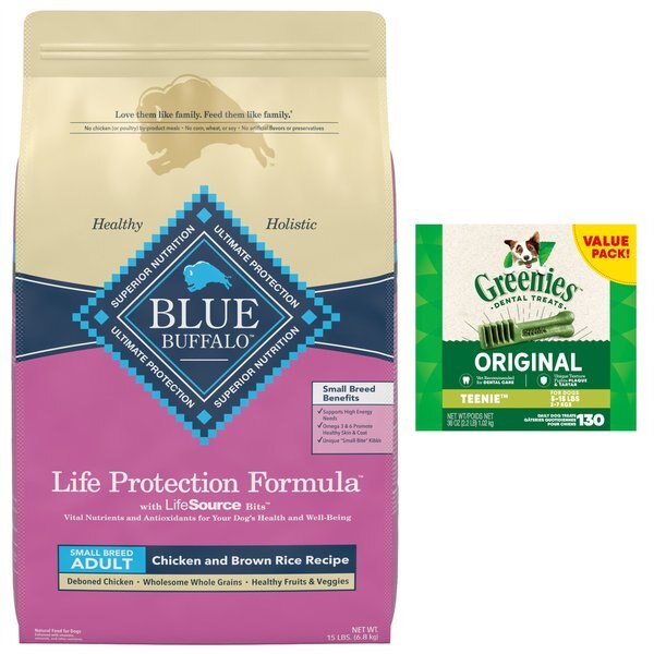 Blue Buffalo Life Protection Formula Small Breed Adult Chicken & Brown Rice Recipe Dry Food + Greenies Teenie Dental Dog Treats slide 1 of 7
