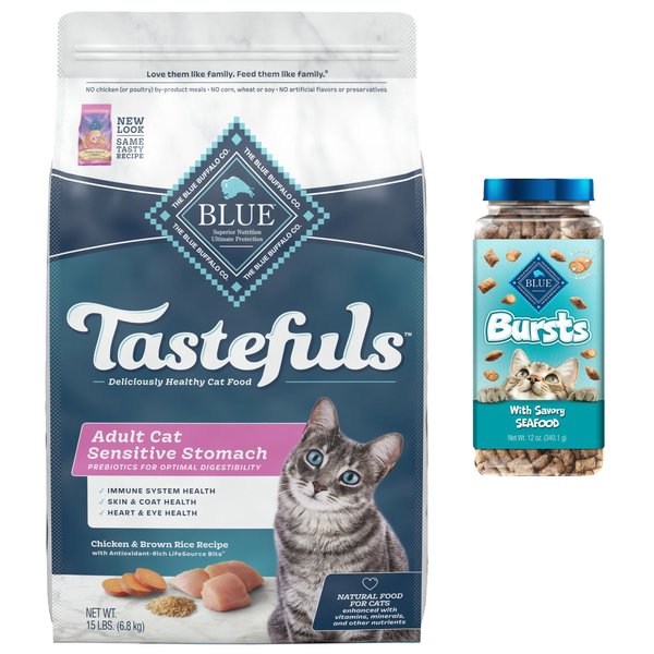 Blue Buffalo Sensitive Stomach Chicken Recipe Adult Dry Food + Bursts with Savory Seafood Cat Treats slide 1 of 9