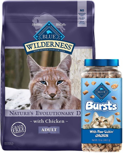 Blue Buffalo Wilderness Chicken Recipe Grain-Free Dry Food + Bursts with Paw-Licken Chicken Cat Treats slide 1 of 7
