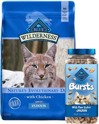 Blue Buffalo Wilderness Indoor Chicken Recipe Grain-Free Dry Food + Bursts with Paw-Licken Chicken Cat Treats
