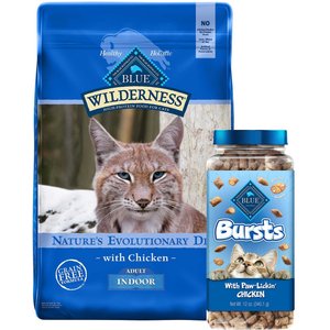 Blue Buffalo Wilderness Indoor Chicken Recipe Grain-Free Dry Food + Bursts with Paw-Licken Chicken Cat Treats