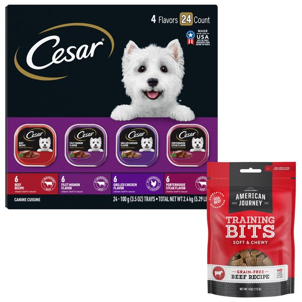Cesar Classic Loaf in Sauce Beef Recipe, Filet Mignon, Grilled Chicken, & Porterhouse Steak Flavors Food Trays + American Journey Beef Recipe Grain-Free Soft & Chewy Training Bits Dog Treats slide 1 of 8
