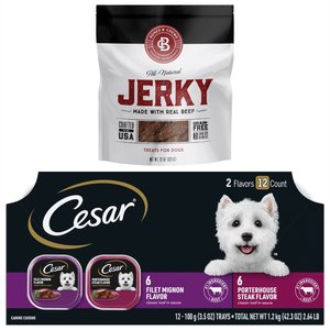 Cesar Classic Loaf in Sauce Filet Mignon & Porterhouse Steak Flavors Food Trays + Bones & Chews All Natural Grain-Free Jerky Made with Real Beef Dog Treats