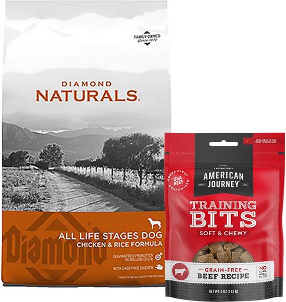 Diamond Naturals Chicken & Rice Formula All Life Stages Dry Food + American Journey Beef Recipe Grain-Free Soft & Chewy Training Bits Dog Treats slide 1 of 8
